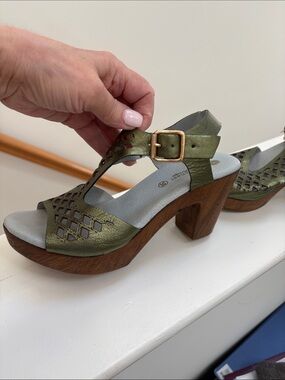 Eric Michael Olive Metallic Leather Block Heel Sandals